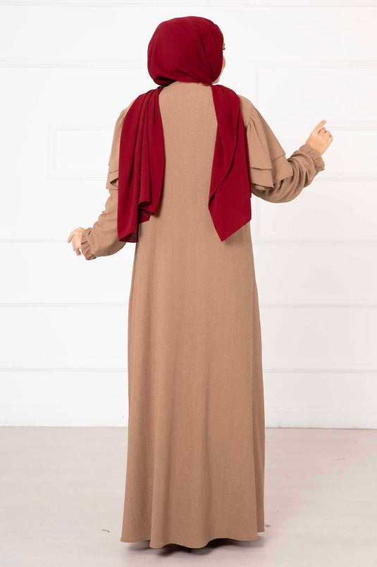 Omzu Fırfırlı Kolu Büzgülü Ferace Camel