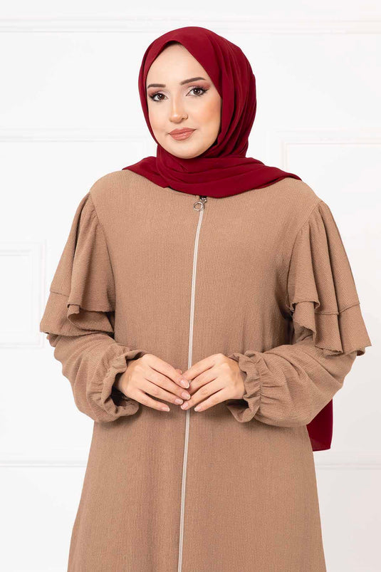 Omzu Fırfırlı Kolu Büzgülü Ferace Camel