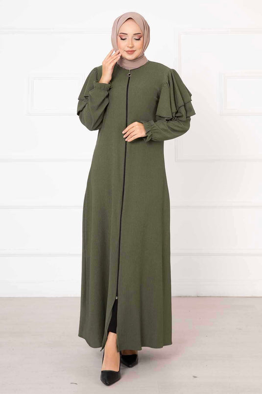 Omzu Fırfırlı Kolu Büzgülü Ferace Haki