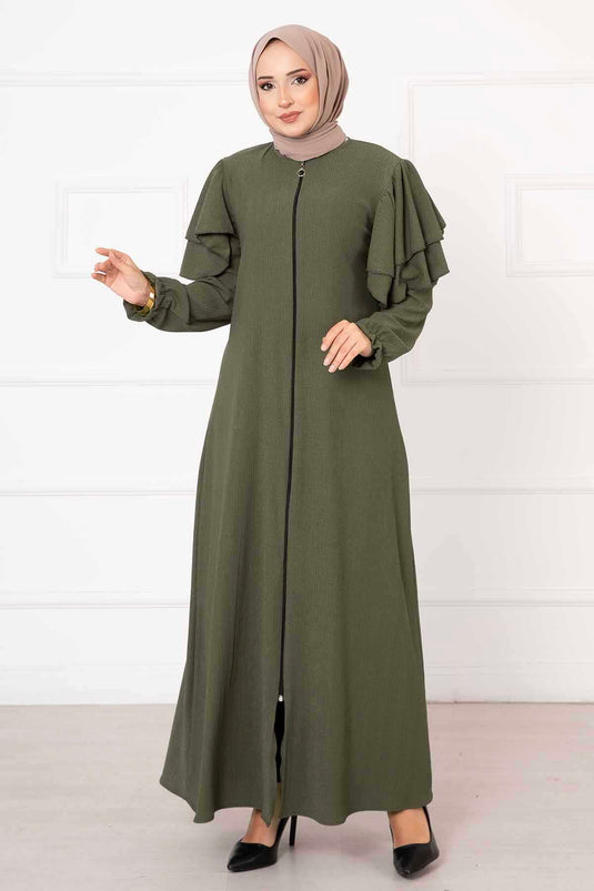 Frilled Sleeve Gathered Abaya Khaki