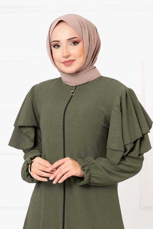 Omzu Fırfırlı Kolu Büzgülü Ferace Haki