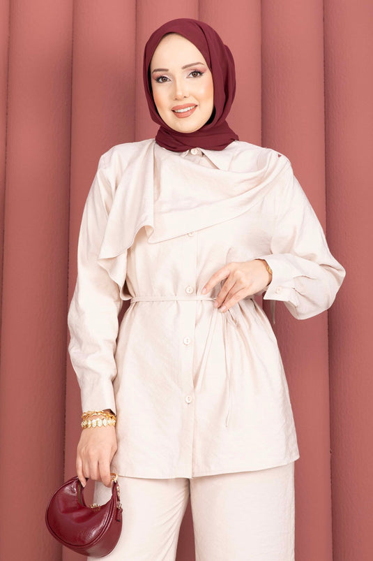 Omzu sjaal met taillekoord tweedelige modest fashion set beige
