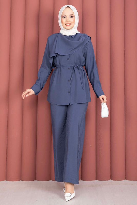 Omzu sjaal met taillekoord tweedelige modest fashion set indigo