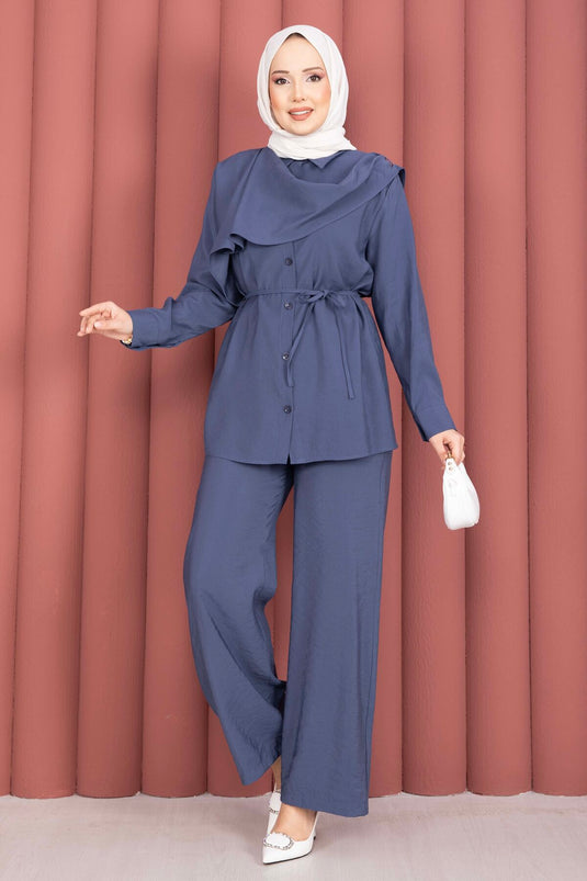 Omzu sjaal met taillekoord tweedelige modest fashion set indigo