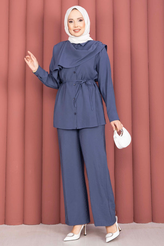 Omzu sjaal met taillekoord tweedelige modest fashion set indigo