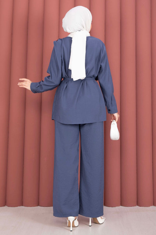 Omzu sjaal met taillekoord tweedelige modest fashion set indigo