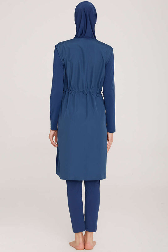 Navy Blue Hijab Swimsuit with Arm Stripe Detail