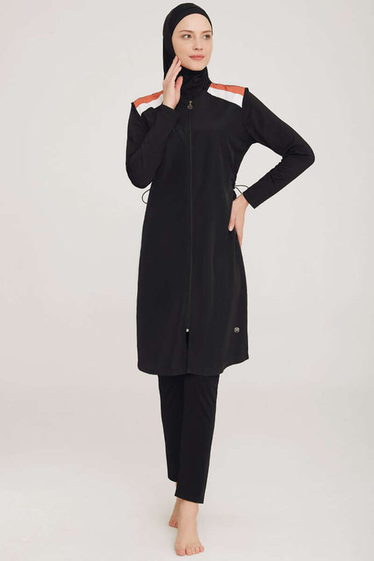 Black Hijab Swimsuit with Arm Stripe Detail