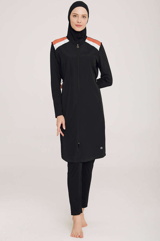 Black Hijab Swimsuit with Arm Stripe Detail