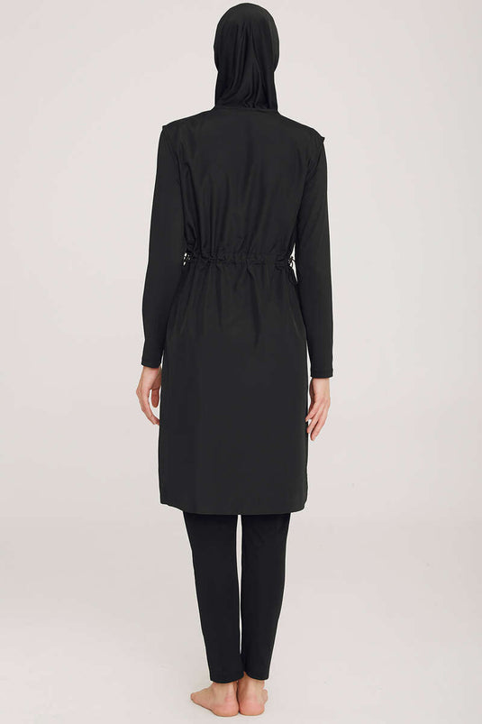 Black Hijab Swimsuit with Arm Stripe Detail