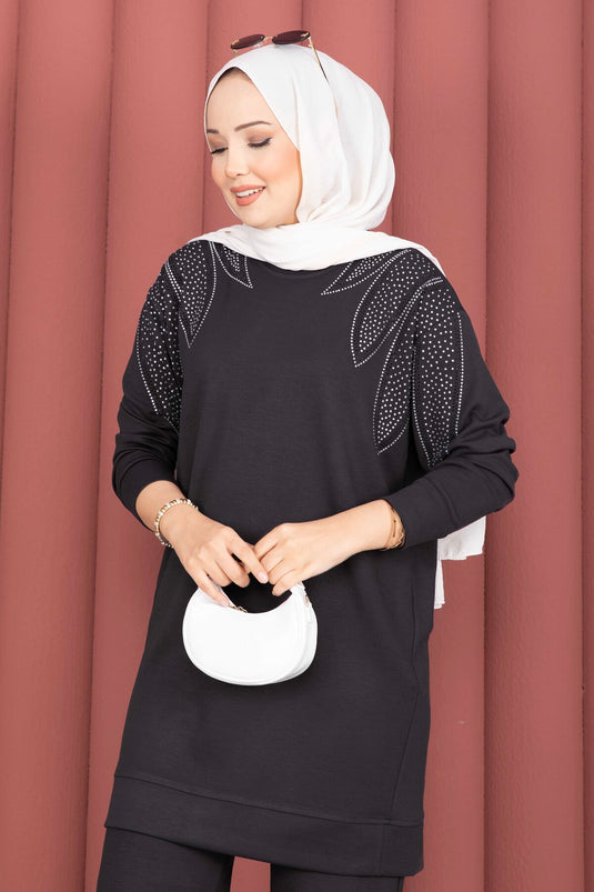 Omzu Taşlı Tunik Pantolon İkili Takım Füme