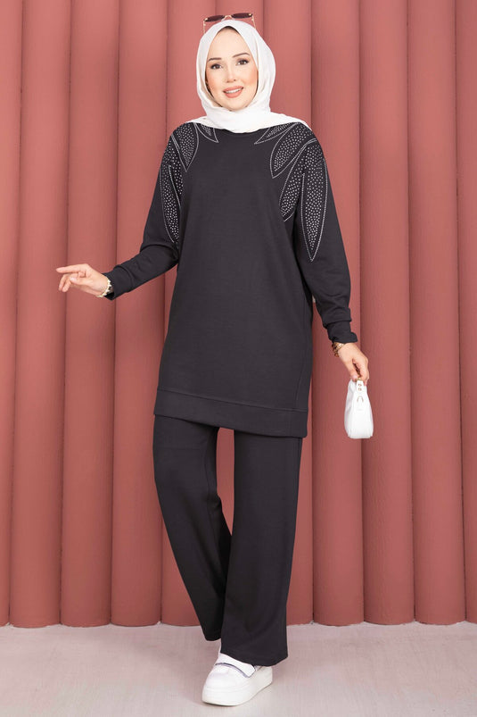 Omzu Taşlı Tunik Pantolon İkili Takım Füme