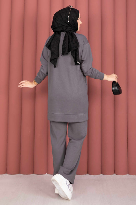 Omzu Taşlı Tunik Pantolon İkili Takım Gri