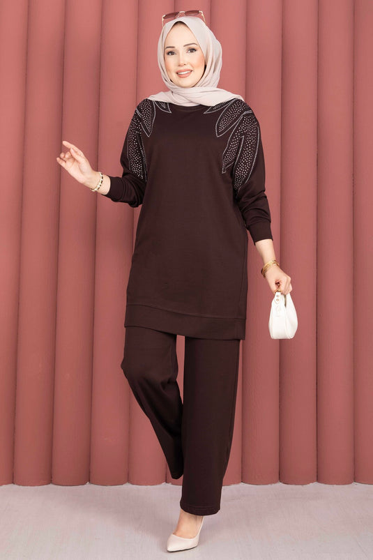 Omzu Taşlı Tunik Pantolon İkili Takım Kahve