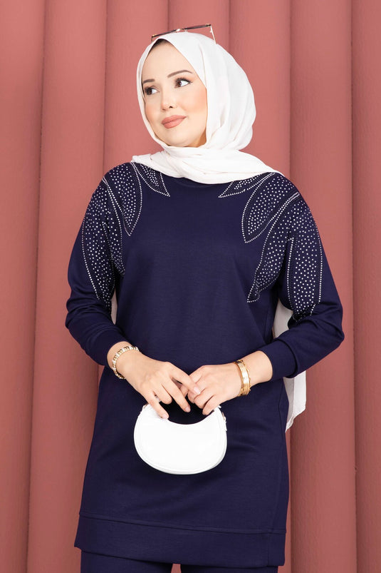 Omzu Taşlı Tunik Pantolon İkili Takım Lacivert