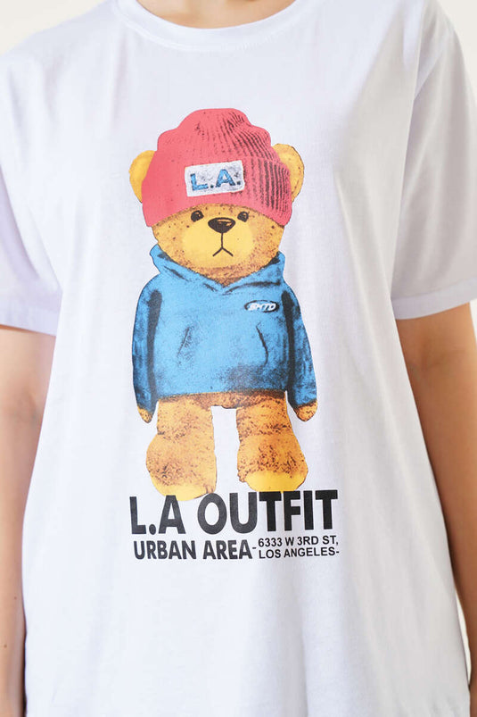 Voor- en achterkant T-shirt met teddybeerprint in wit