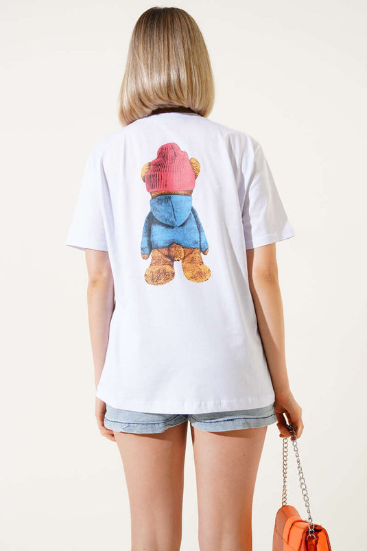 Voor- en achterkant T-shirt met teddybeerprint in wit