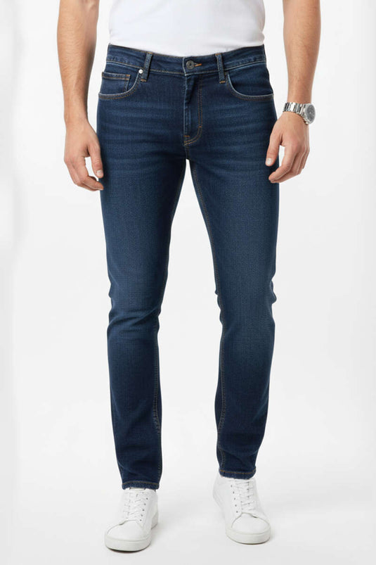 Front and Back Pocket Stretch Men's Denim Trousers Navy Blue