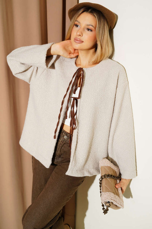 Cardigan with Front Lace Detail in Stone