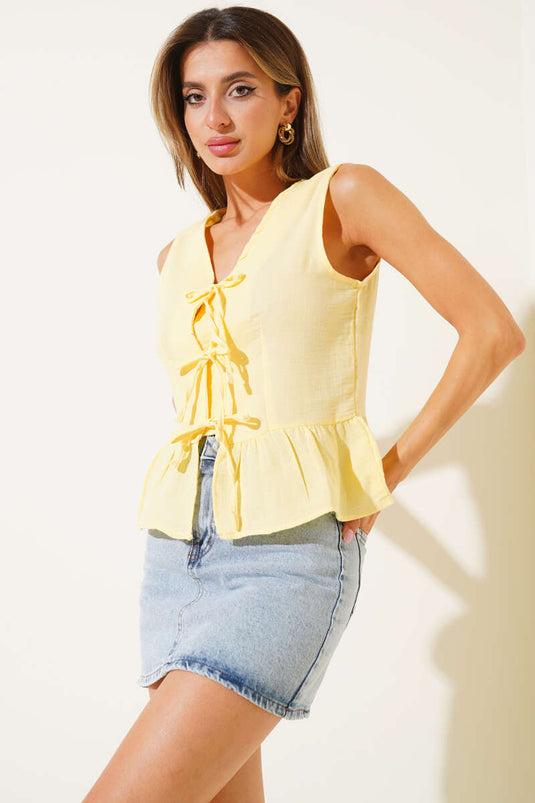 Front-Tie Pleated Blouse, Yellow