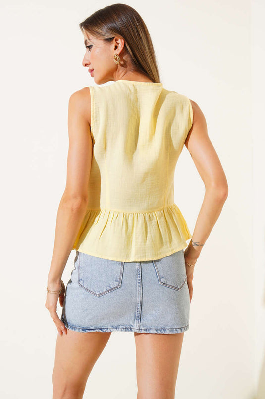 Front-Tie Pleated Blouse, Yellow