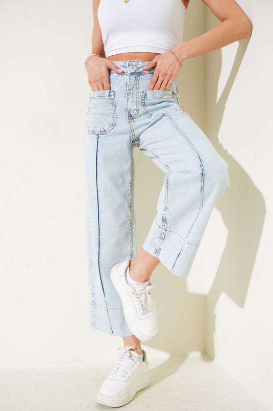 Front Pocket Wide Leg Jeans Ice Blue