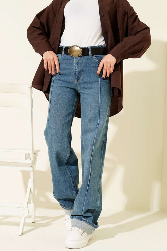 Ön Dikişli Palazzo Kot Pantolon Açık Mavi