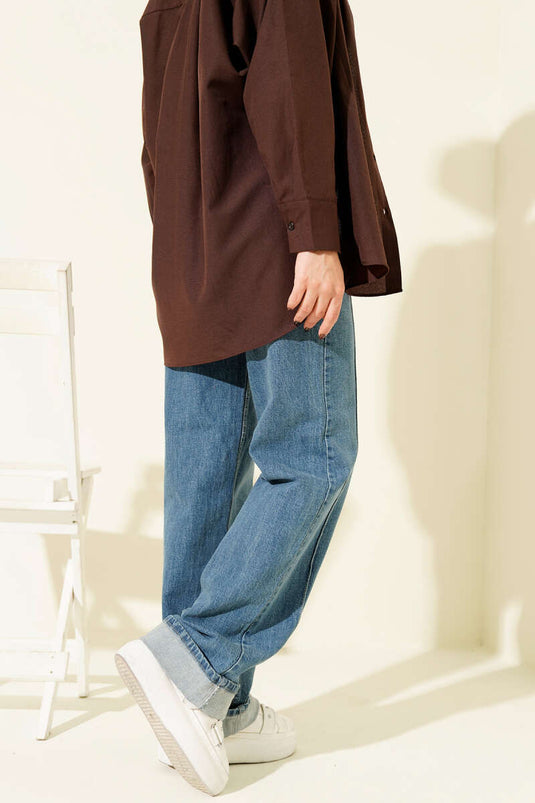 Ön Dikişli Palazzo Kot Pantolon Açık Mavi