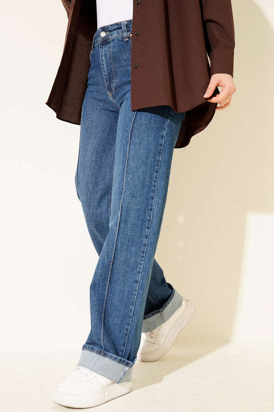 بنطلون جينز بالازو بخياطة أمامية، أزرق