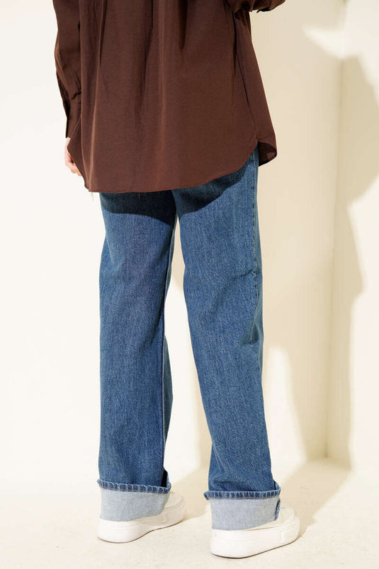 بنطلون جينز بالازو بخياطة أمامية، أزرق