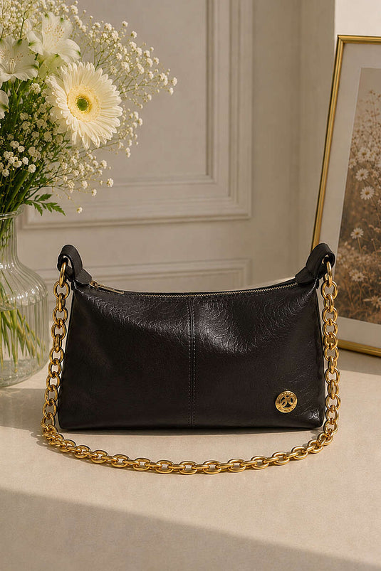 Ön Dikişli Zincir Askılı Çanta Siyah