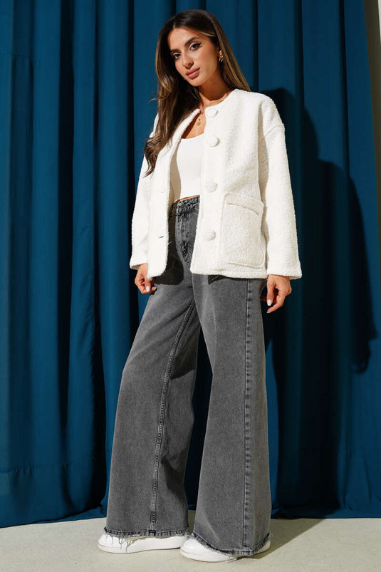 Ön Düğmeli Cep Detaylı Mont Ekru