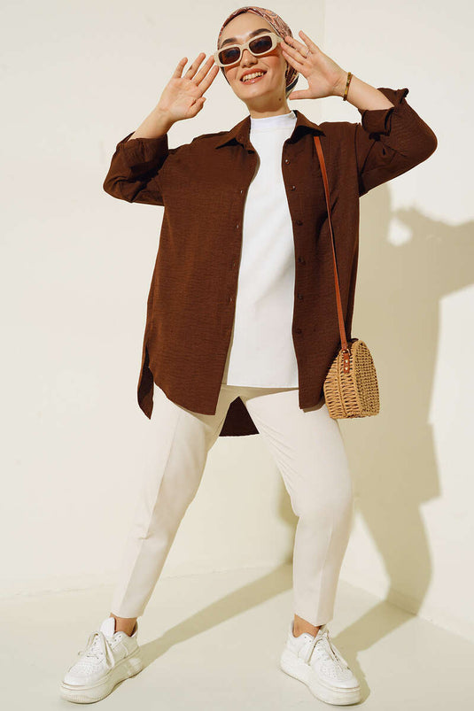 Ön Düğmeli Salaş Tunik Kahve