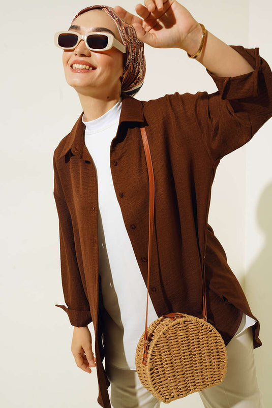 Ön Düğmeli Salaş Tunik Kahve