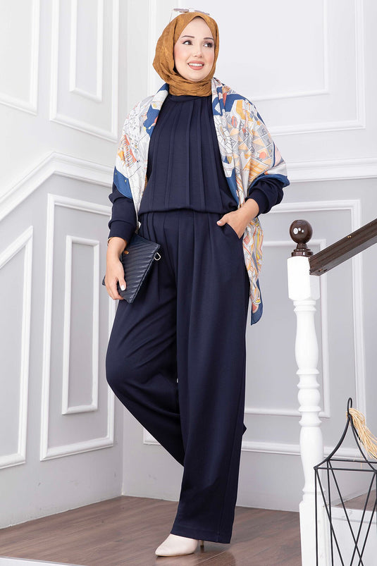 Ensemble Pantalon Avec Détails En Pile Bleu Marine
