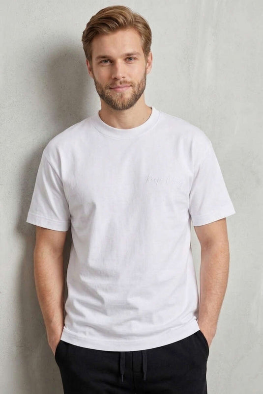 Ön Ve Arka Nakışlı Oversize Erkek T-shirt Beyaz