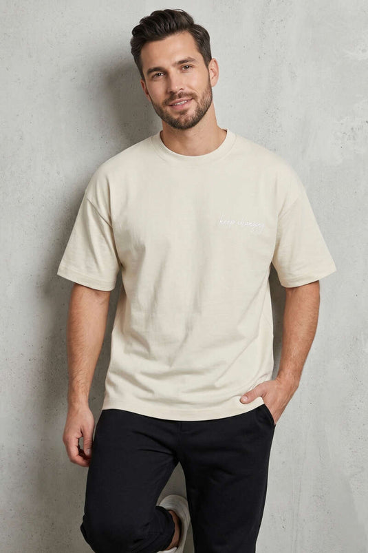 Ön Ve Arka Nakışlı Oversize Erkek T-shirt Kemik