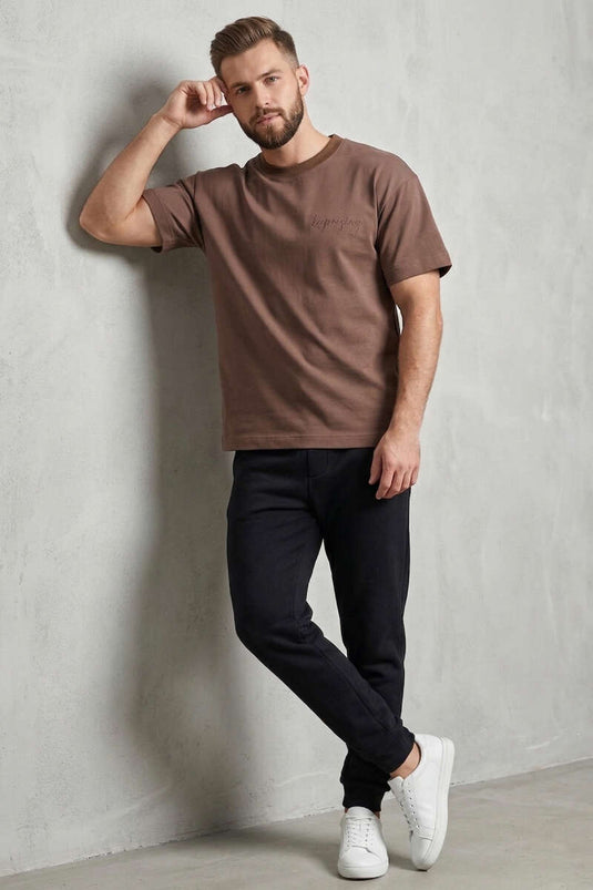 T-shirt oversize homme avec broderie avant et arrière, couleur vison