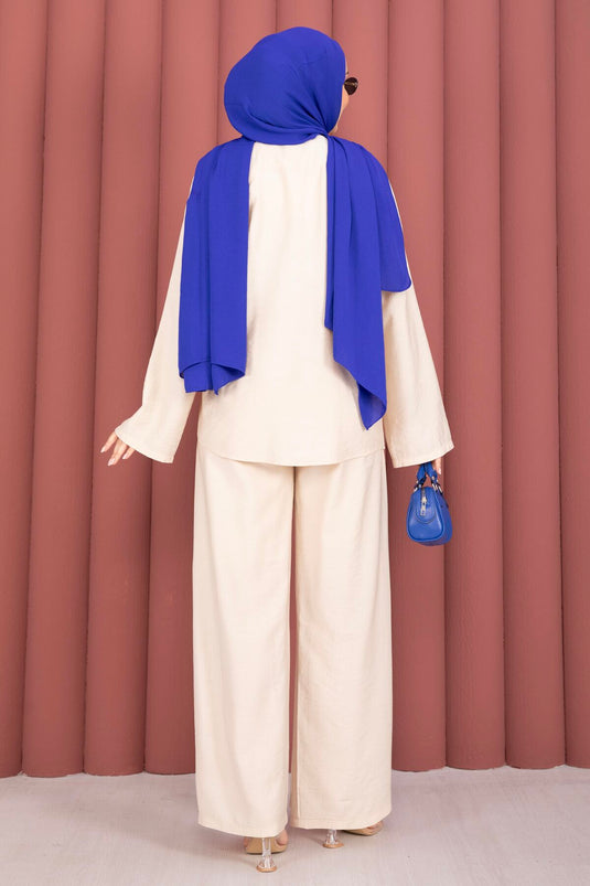 Ensemble Deux Pièces Crème Avec Détail À Nœud Devant Et Pantalon