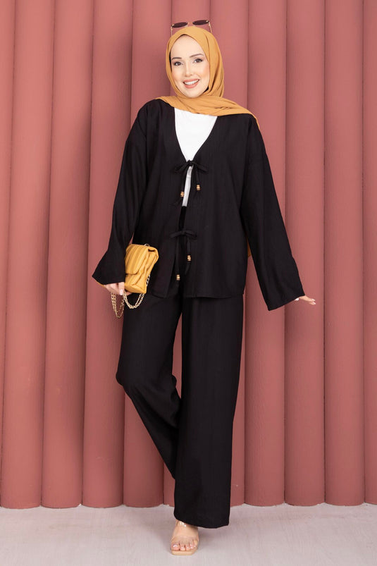 Ensemble Deux Pièces Noir Avec Détail À Nouer Devant Et Pantalon