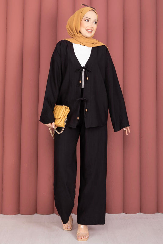 Schwarzes Zweiteiler-Set Mit Vorderknoten-Detail Und Hose