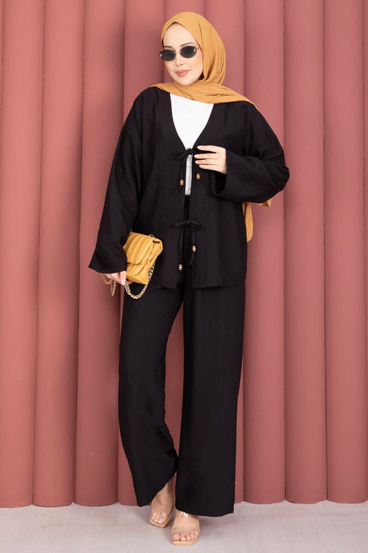 Schwarzes Zweiteiler-Set Mit Vorderknoten-Detail Und Hose