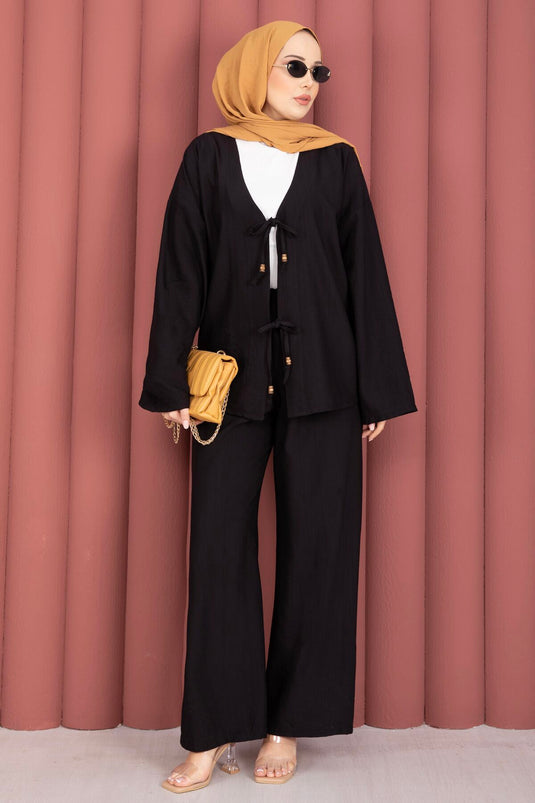Schwarzes Zweiteiler-Set Mit Vorderknoten-Detail Und Hose