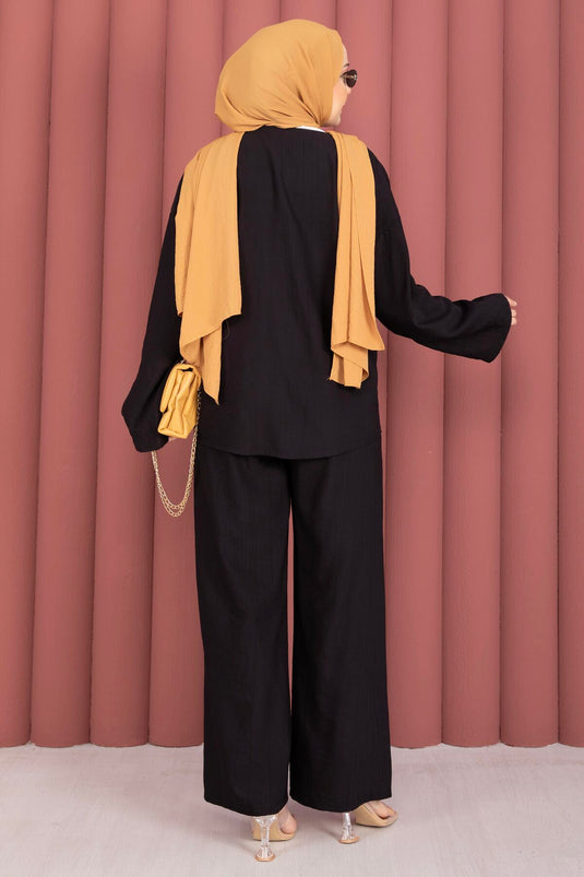 Schwarzes Zweiteiler-Set Mit Vorderknoten-Detail Und Hose
