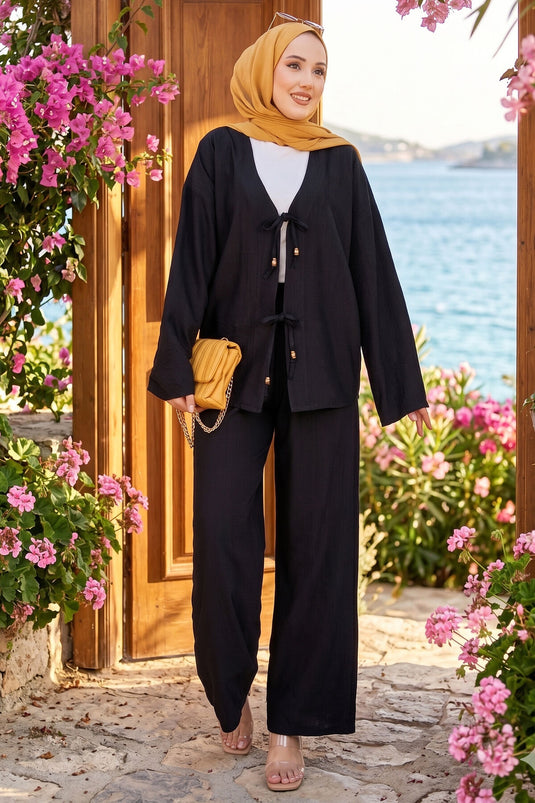 Schwarzes Zweiteiler-Set Mit Vorderknoten-Detail Und Hose