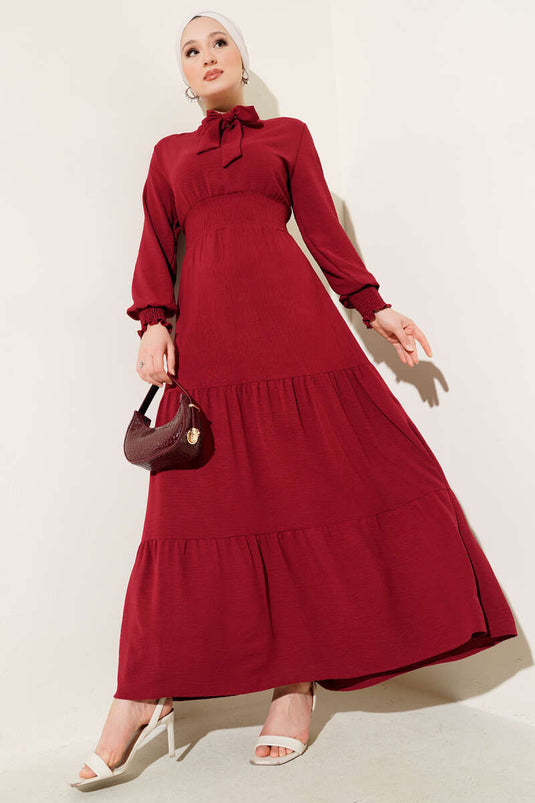 Elastic Dress with Front Tie Detail, Burgundy