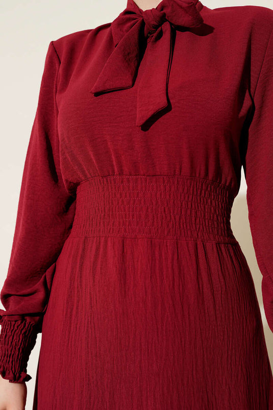 Elastic Dress with Front Tie Detail, Burgundy