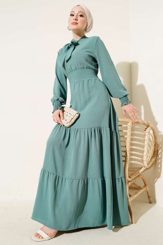 Önden Bağlama Detaylı Lastikli Elbise Çağla Yeşili