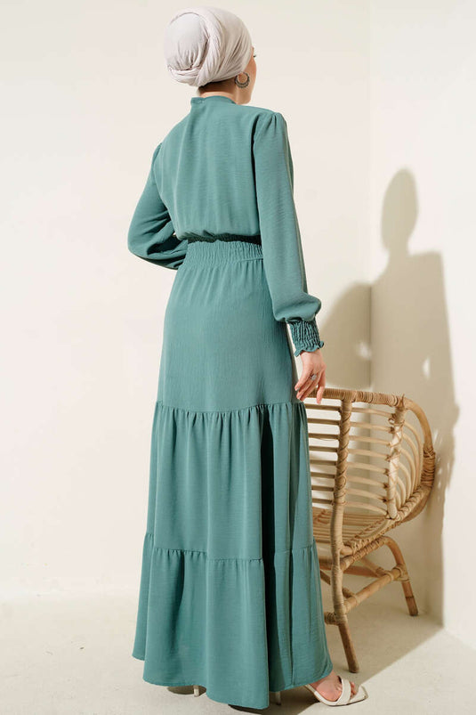 Önden Bağlama Detaylı Lastikli Elbise Çağla Yeşili