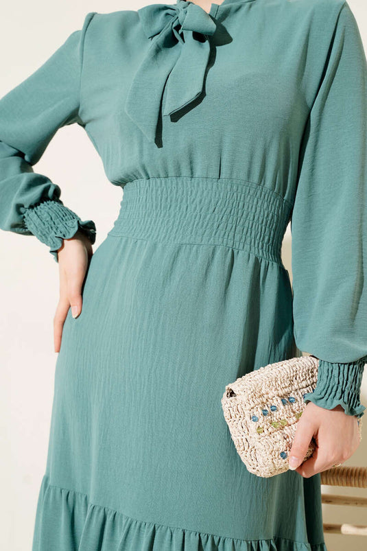 Önden Bağlama Detaylı Lastikli Elbise Çağla Yeşili